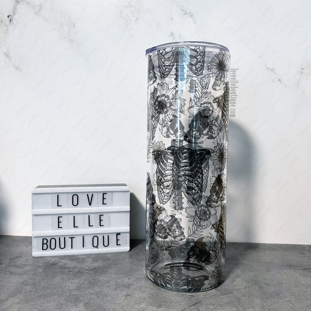 Black Floral and Skeleton 25oz Glass Tumblers