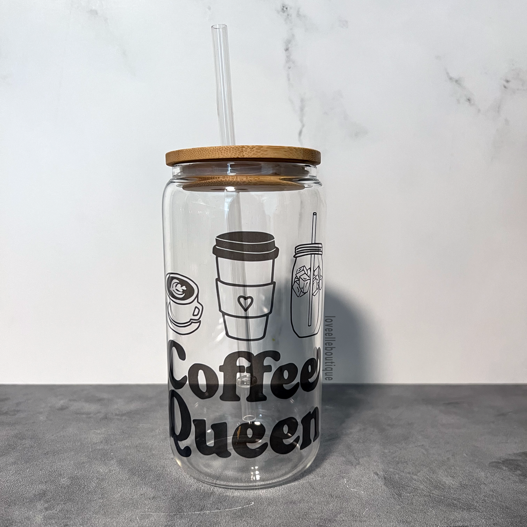 Coffee Queen 16 oz Glass Can Cup