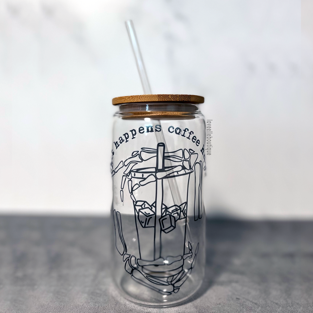 Shit Happens, Iced Coffee Helps 16 oz Glass Can Cup