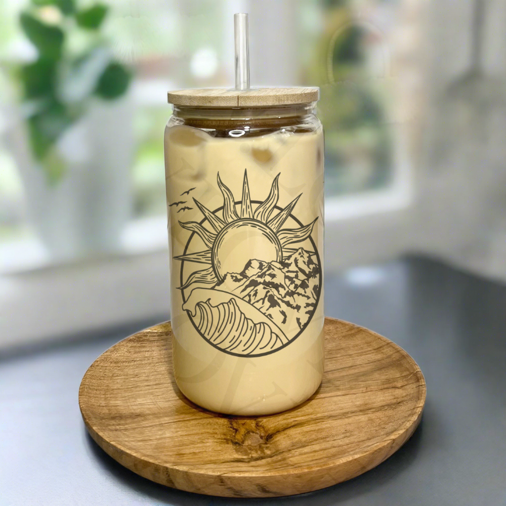 Ocean and Sun Rays Line Art 16 oz Glass Can Cup